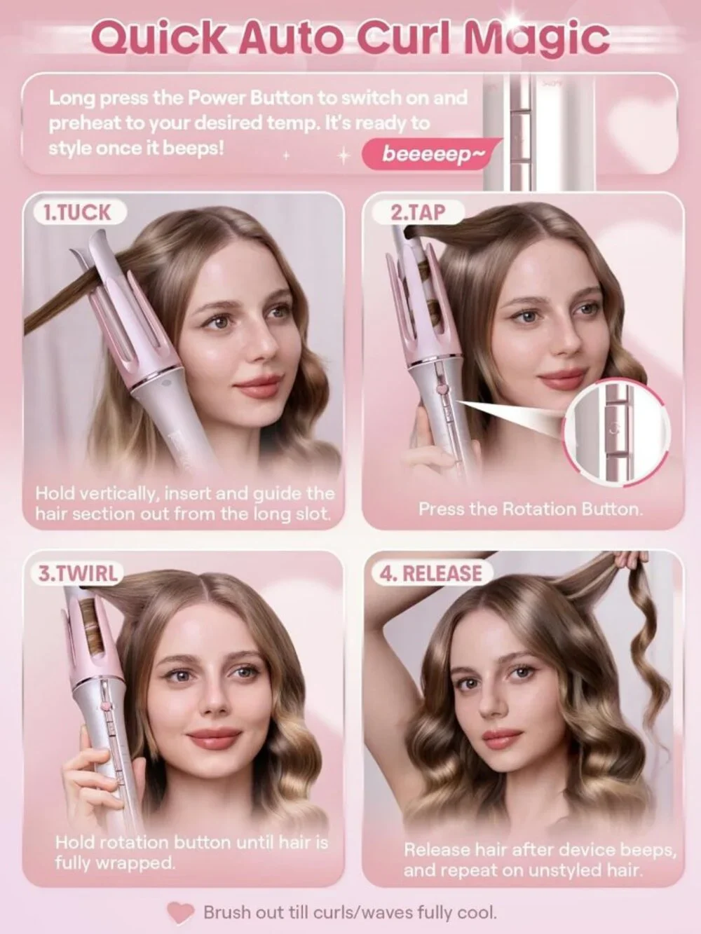 Automatic Pink Curling Iron for Women - 1 Inch, Perfect Gift for Gorgeous Curls